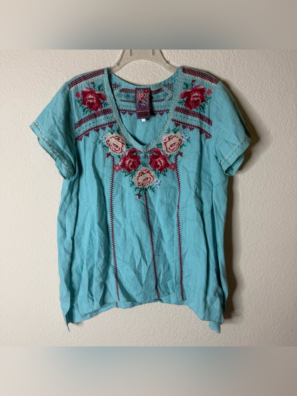 Johnny Was JWLA Linen Blue Floral Embroidered V-Neck Tunic Top Size Large